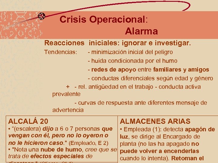 Crisis Operacional: Alarma Reacciones iniciales: ignorar e investigar. Tendencias: - minimización inicial del peligro
