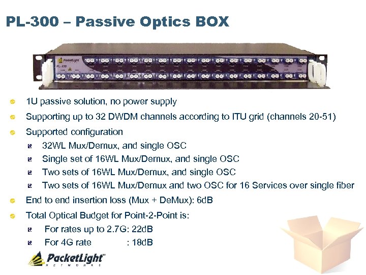 PL-300 – Passive Optics BOX 1 U passive solution, no power supply Supporting up
