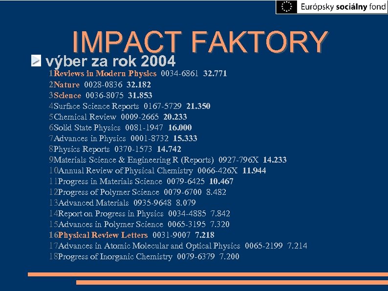 IMPACT FAKTORY výber za rok 2004 1 Reviews in Modern Physics 0034 -6861 32.