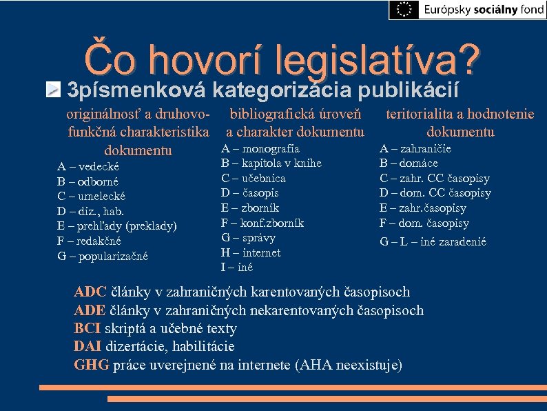 Čo hovorí legislatíva? 3 písmenková kategorizácia publikácií originálnosť a druhovo- bibliografická úroveň teritorialita a