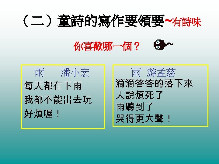 （二）童詩的寫作要領要~有詩味 你喜歡哪一個？ 雨 潘小宏 每天都在下雨 我都不能出去玩 好煩喔！ 雨 游孟慈 滴滴答答的落下來 人說煩死了 雨聽到了 哭得更大聲！ 
