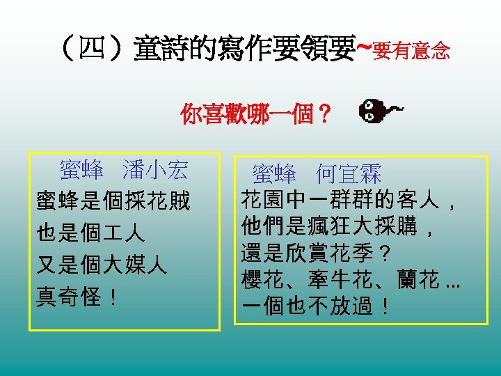 （四）童詩的寫作要領要~要有意念 你喜歡哪一個？ 蜜蜂 潘小宏 蜜蜂是個採花賊 也是個 人 又是個大媒人 真奇怪！ 蜜蜂 何宜霖 花園中一群群的客人， 他們是瘋狂大採購， 還是欣賞花季？