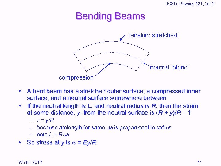 UCSD: Physics 121; 2012 Bending Beams tension: stretched neutral “plane” compression • A bent