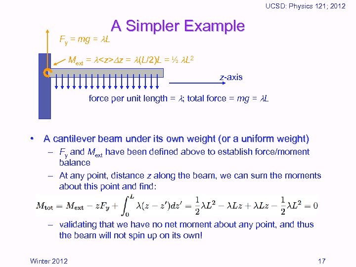 UCSD: Physics 121; 2012 Fy = mg = L A Simpler Example Mext =