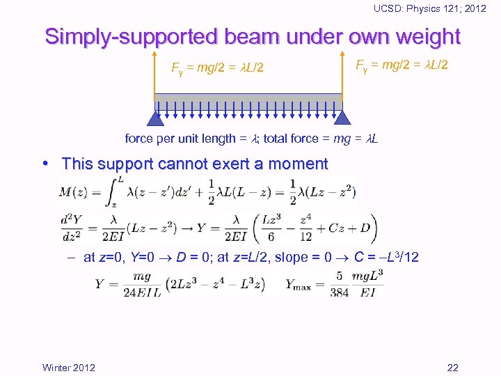 UCSD: Physics 121; 2012 Simply-supported beam under own weight Fy = mg/2 = L/2