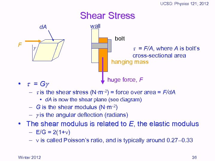 UCSD: Physics 121; 2012 Shear Stress d. A F wall bolt = F/A, where