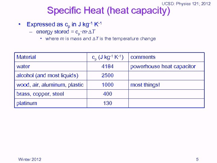 UCSD: Physics 121; 2012 Specific Heat (heat capacity) • Expressed as cp in J