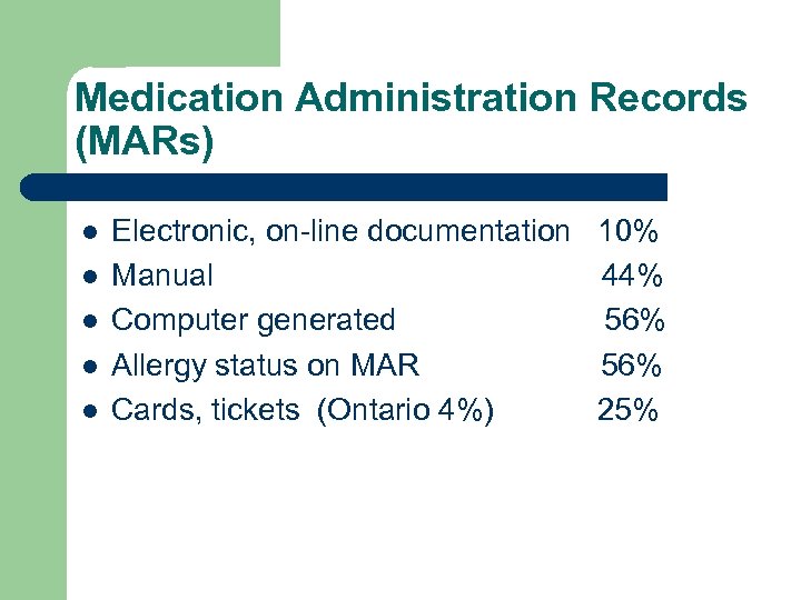 Medication Administration Records (MARs) l l l Electronic, on-line documentation Manual Computer generated Allergy