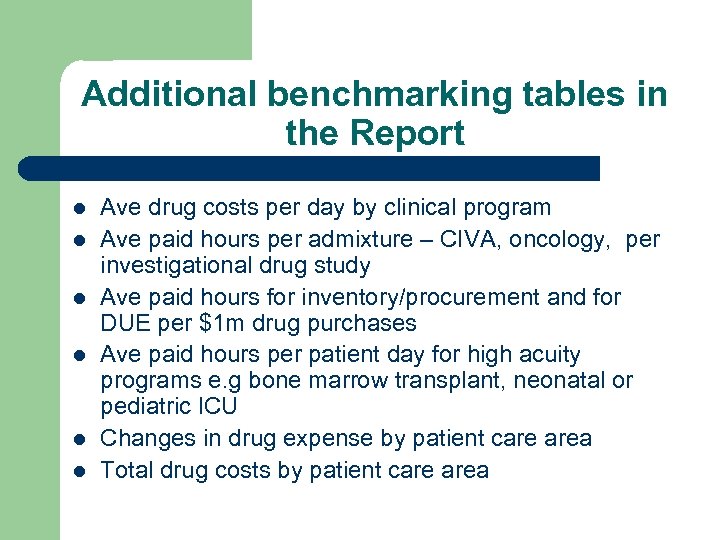 Additional benchmarking tables in the Report l l l Ave drug costs per day