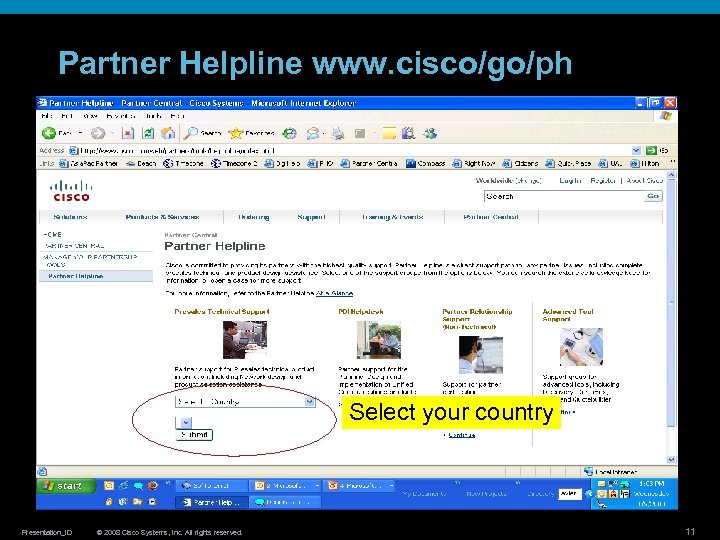 Partner Helpline www. cisco/go/ph Select your country Presentation_ID © 2008 Cisco Systems, Inc. All