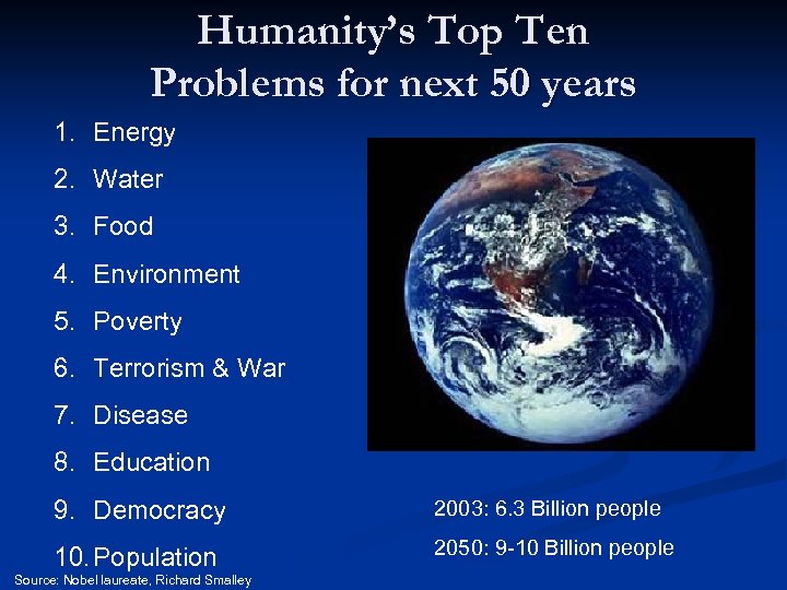 Humanity’s Top Ten Problems for next 50 years 1. Energy 2. Water 3. Food