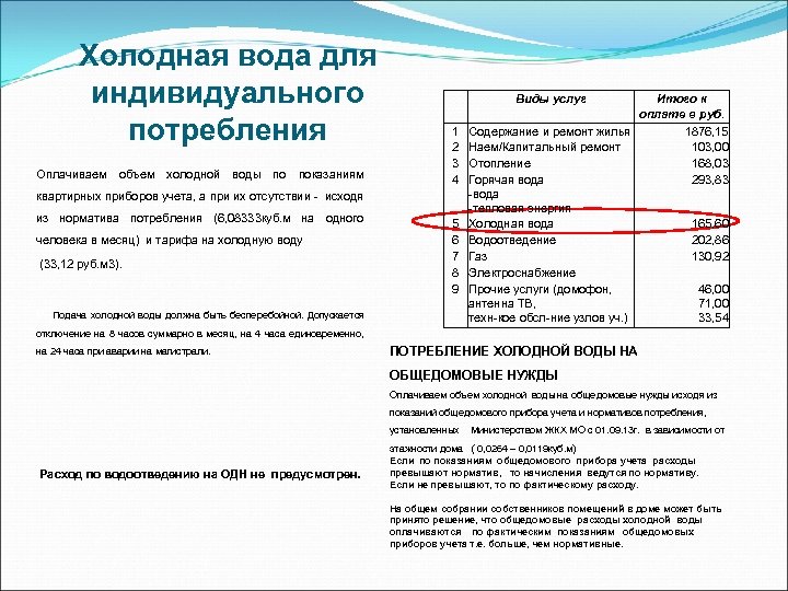 Холодная вода для индивидуального потребления Оплачиваем объем холодной воды по показаниям квартирных приборов учета,