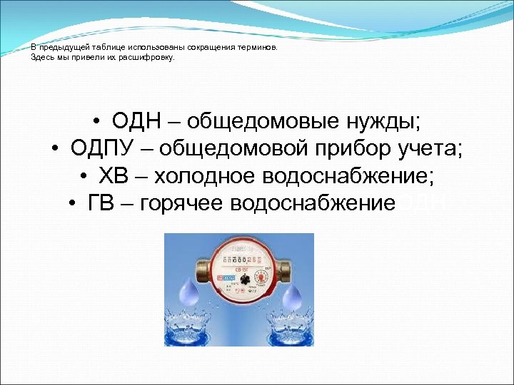 В предыдущей таблице использованы сокращения терминов. Здесь мы привели их расшифровку. • ОДН –