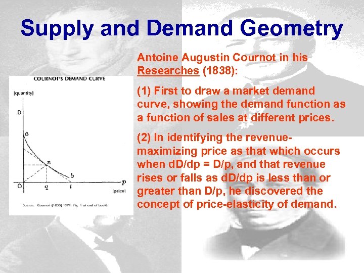 Supply and Demand Geometry Antoine Augustin Cournot in his Researches (1838): (1) First to