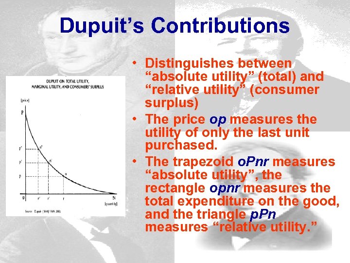 Dupuit’s Contributions • Distinguishes between “absolute utility” (total) and “relative utility” (consumer surplus) •