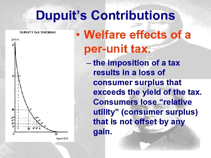 Dupuit’s Contributions • Welfare effects of a per-unit tax. – the imposition of a