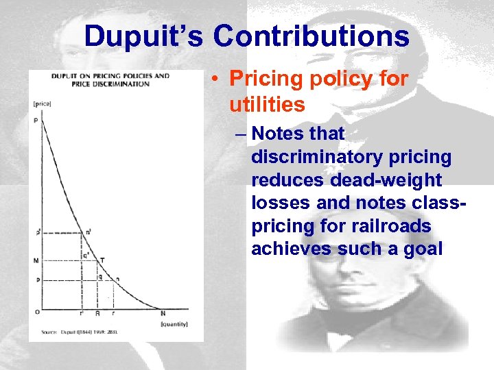 Dupuit’s Contributions • Pricing policy for utilities – Notes that discriminatory pricing reduces dead-weight