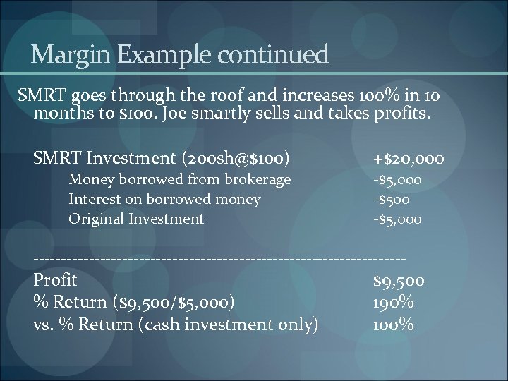 Margin Example continued SMRT goes through the roof and increases 100% in 10 months