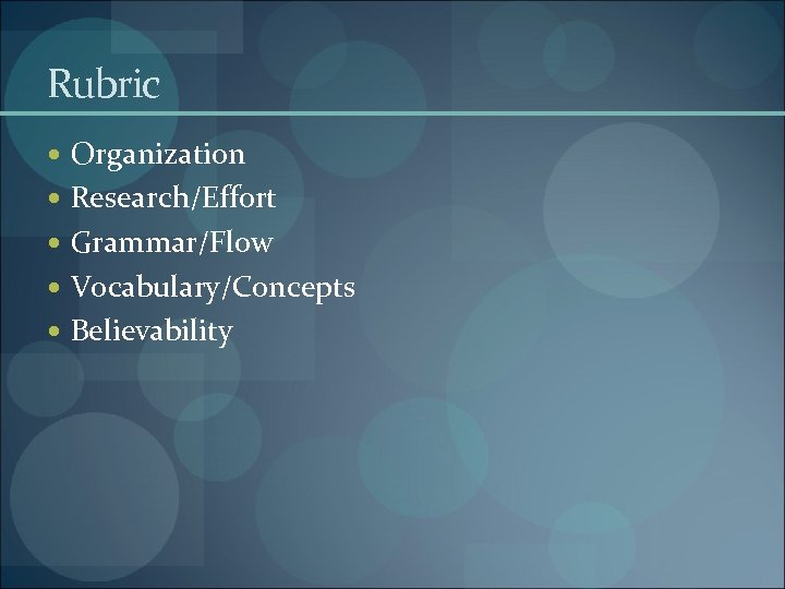 Rubric Organization Research/Effort Grammar/Flow Vocabulary/Concepts Believability 