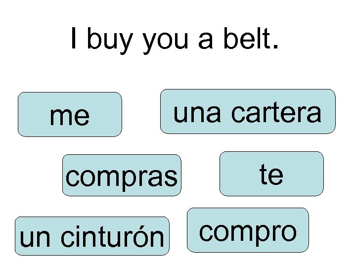 I buy you a belt. me una cartera compras un cinturón te compro 