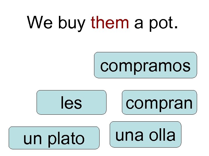 We buy them a pot. compramos les un plato compran una olla 