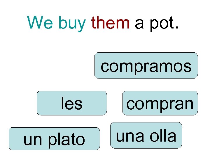 We buy them a pot. compramos les un plato compran una olla 