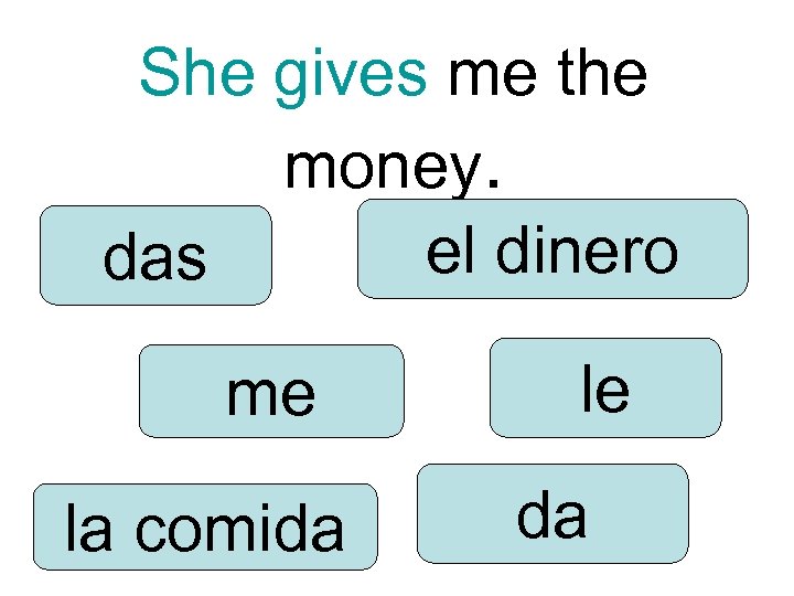 She gives me the money. el dinero das me la comida le da 