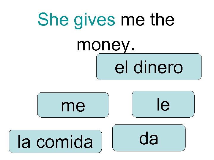 She gives me the money. el dinero me la comida le da 