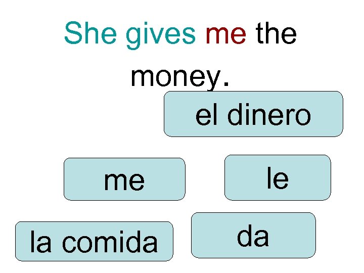 She gives me the money. el dinero me la comida le da 