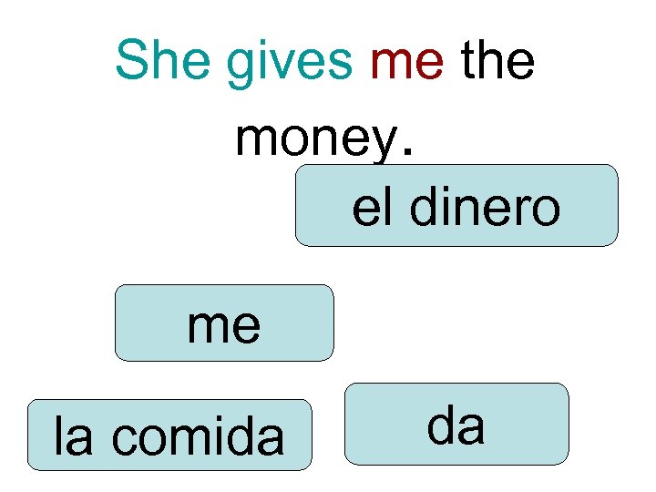 She gives me the money. el dinero me la comida da 