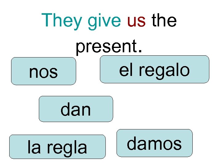 They give us the present. el regalo nos dan la regla damos 