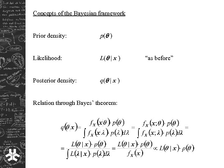 Concepts of the Bayesian framework Prior density: p( ) Likelihood: L( | x )