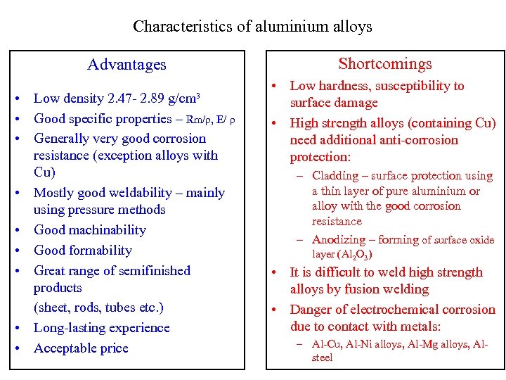 Characteristics of aluminium alloys Advantages • Low density 2. 47 - 2. 89 g/cm³