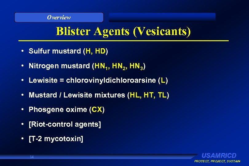 Overview Blister Agents (Vesicants) • Sulfur mustard (H, HD) • Nitrogen mustard (HN 1,