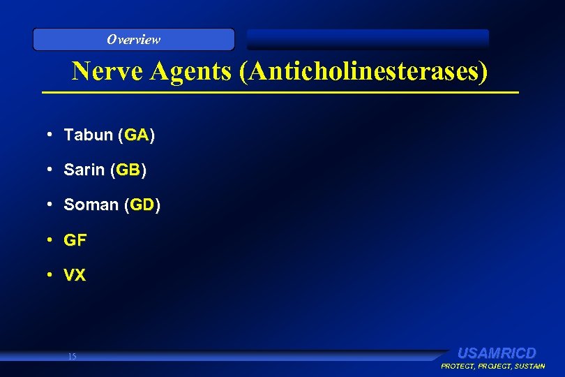 Overview Nerve Agents (Anticholinesterases) • Tabun (GA) • Sarin (GB) • Soman (GD) •