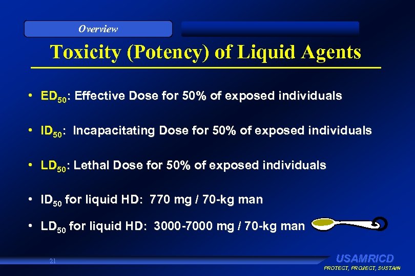 Overview Toxicity (Potency) of Liquid Agents • ED 50: Effective Dose for 50% of