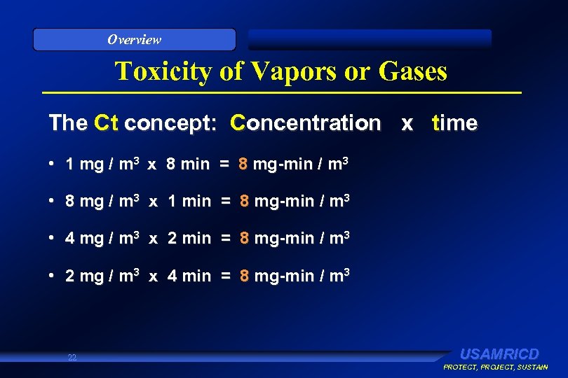 Overview Toxicity of Vapors or Gases The Ct concept: Concentration x time • 1