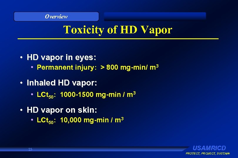 Overview Toxicity of HD Vapor • HD vapor in eyes: • Permanent injury: >