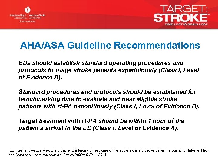 AHA/ASA Guideline Recommendations EDs should establish standard operating procedures and protocols to triage stroke