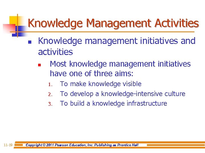 Knowledge Management Activities n Knowledge management initiatives and activities n Most knowledge management initiatives