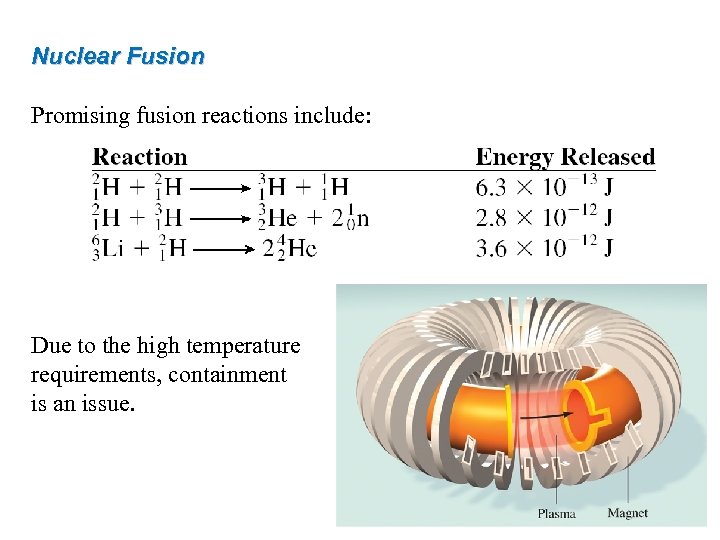 Nuclear Fusion Promising fusion reactions include: Due to the high temperature requirements, containment is