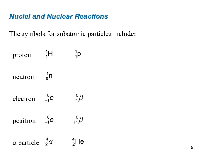 Nuclei and Nuclear Reactions The symbols for subatomic particles include: proton neutron electron positron