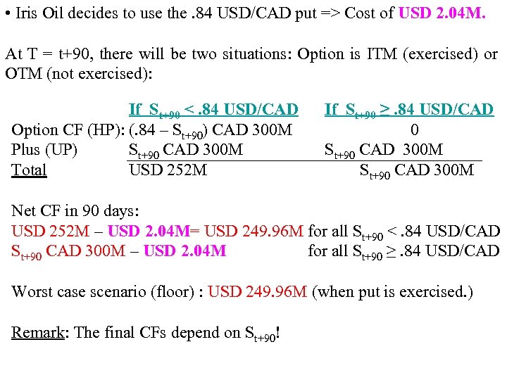  • Iris Oil decides to use the. 84 USD/CAD put => Cost of