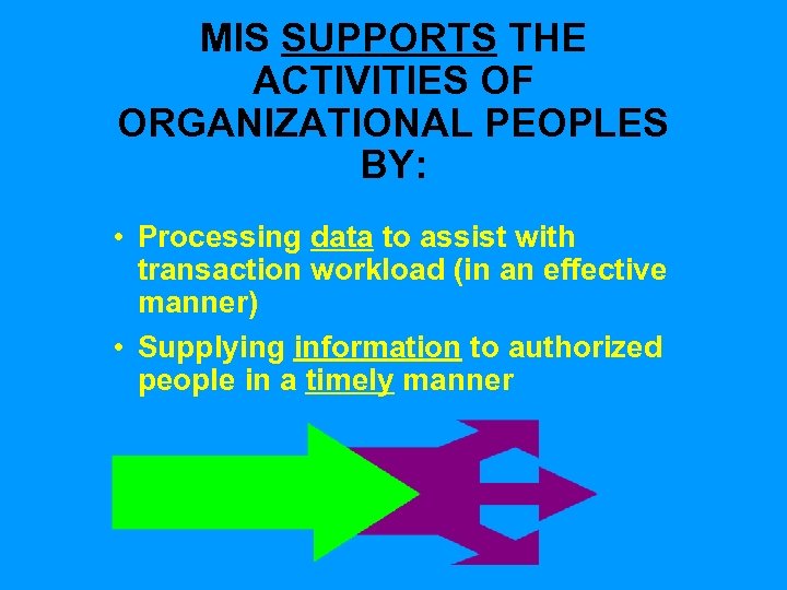 MIS SUPPORTS THE ACTIVITIES OF ORGANIZATIONAL PEOPLES BY: • Processing data to assist with