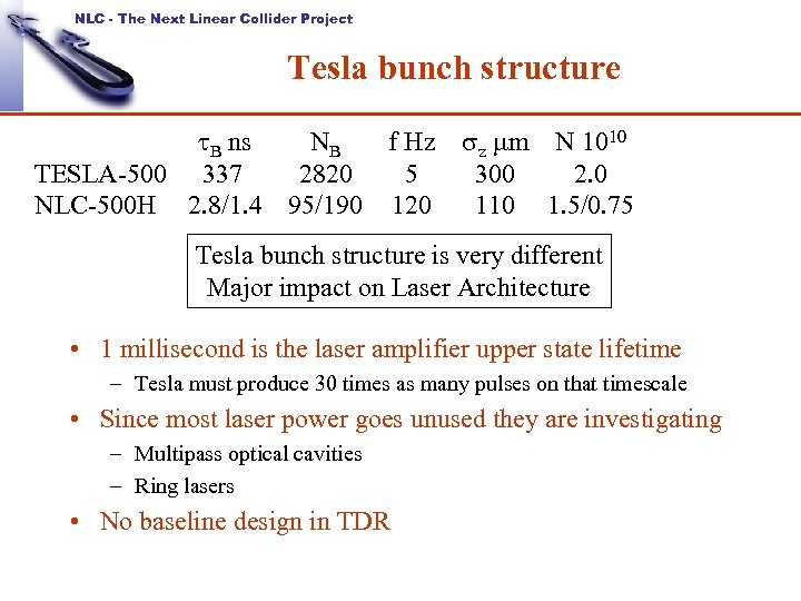 NLC - The Next Linear Collider Project Tesla bunch structure t. B ns NB