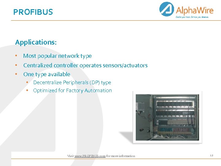 PROFIBUS Applications: • Most popular network type • Centralized controller operates sensors/actuators • One