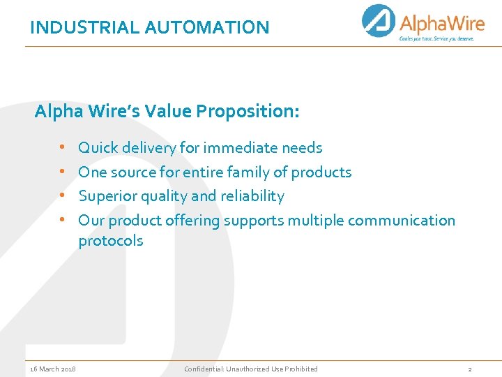 INDUSTRIAL AUTOMATION Alpha Wire’s Value Proposition: • • 16 March 2018 Quick delivery for