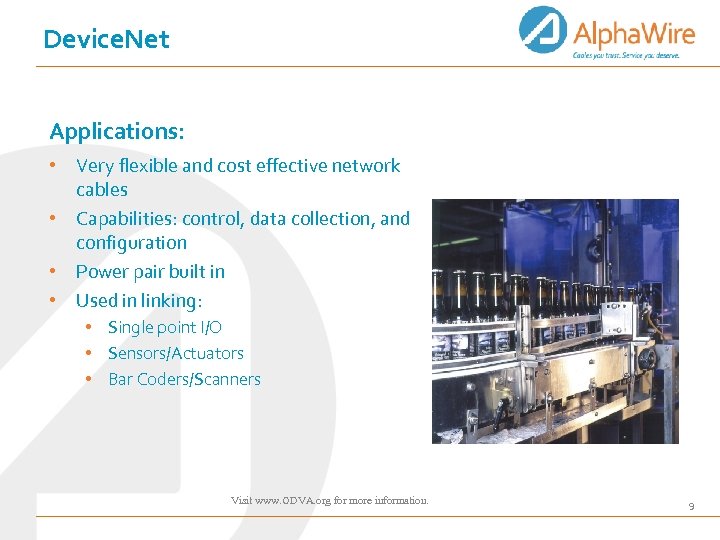 Device. Net Applications: • Very flexible and cost effective network cables • Capabilities: control,