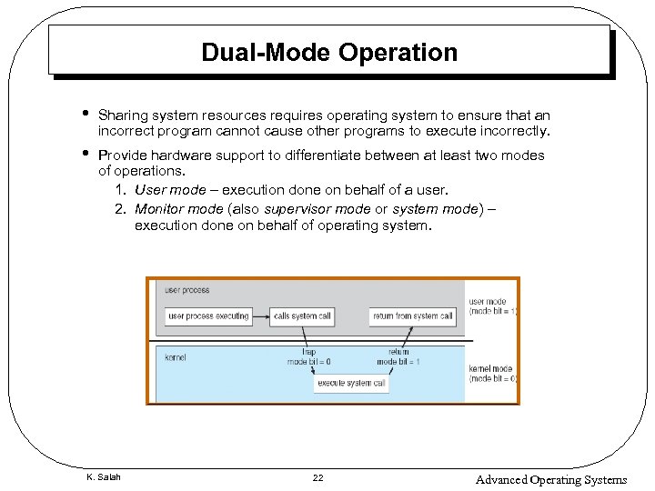 Dual-Mode Operation • Sharing system resources requires operating system to ensure that an incorrect