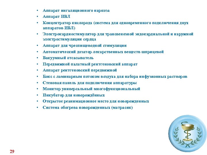  • • • • 29 Аппарат ингаляционного наркоза Аппарат ИВЛ Концентратор кислорода (система